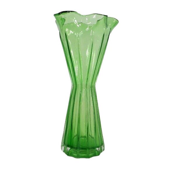 KREISS Japan vintage green glass bud vase approx 7" tall 3" wide at top - Picture 2 of 3